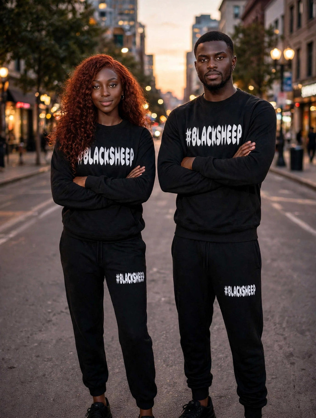 Models wearing black BLACKSHEEP sweatshirt front and back in front of SPE Lifestyle sign